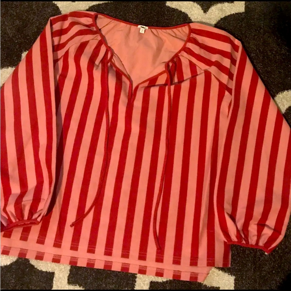 J Crew Pink and Red Vertical Striped Top with Button Sleeve.